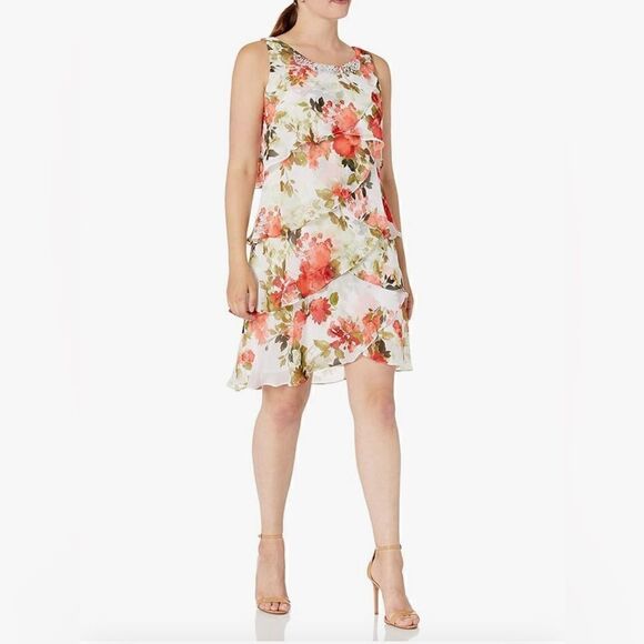 S.L. Fashions Size 10 Chiffon Spring Floral Sleeveless Tiered Dress - Picture 1 of 9